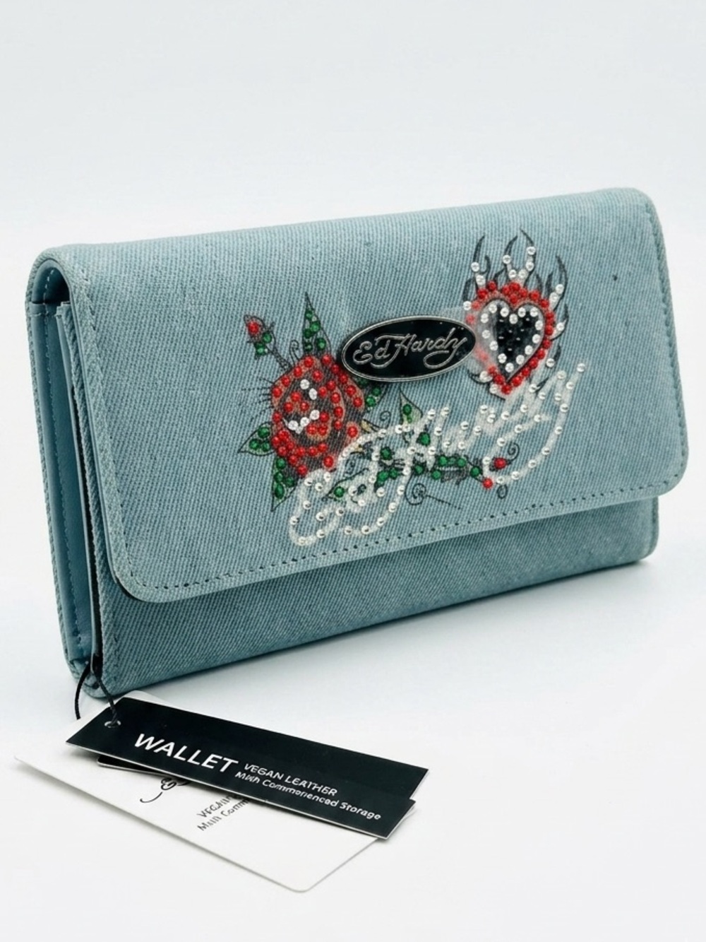 Ed Hardy Light Blue Denim Embroidered Wallet NWT